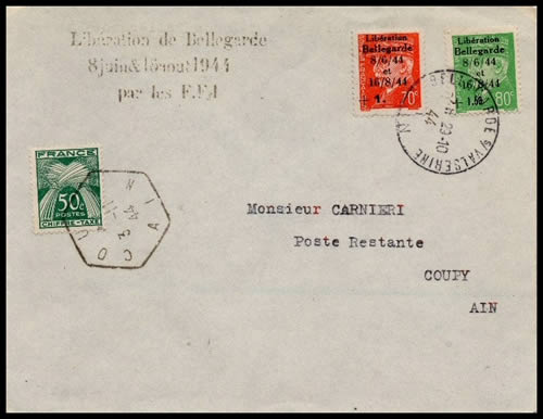 Timbres surchargés de bellegarde sur lettre
