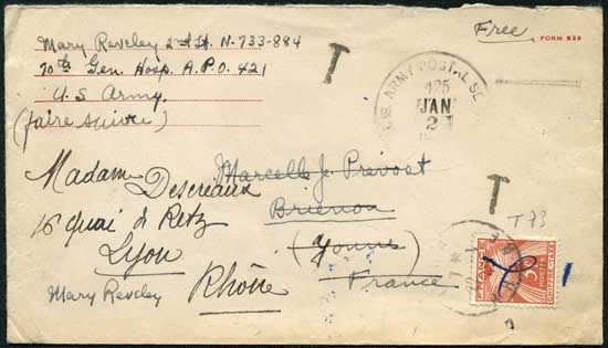 Lettre US de Naples en franchise, taxée à l'arrivée