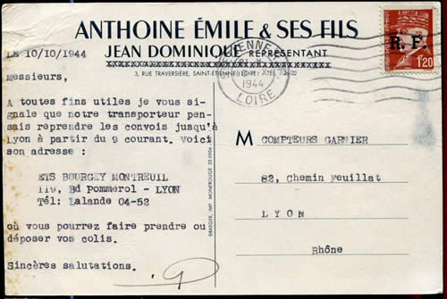 Timbre avec la surcharge de Lyon utilisé à Saint-Etienne