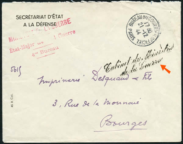 Courrier du Ministre oblitéré du Bureau du Courrier Officiel