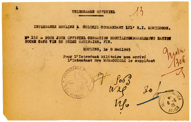 Télégramme officiel accordant double ration pour célébrer la Victoire