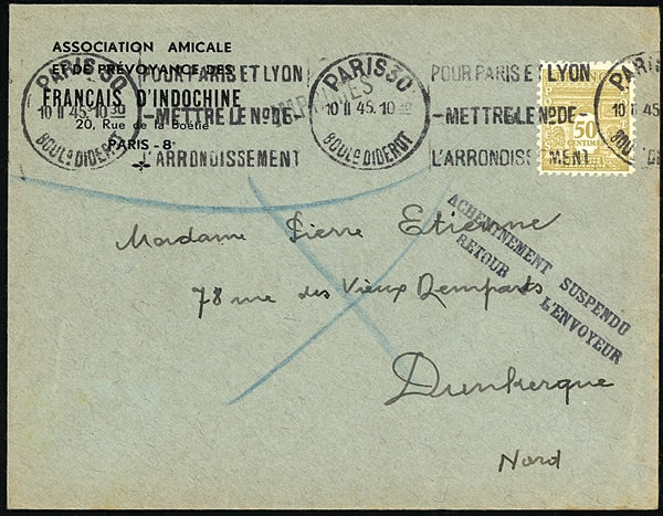 Imprimé destiné à Dunkerque mais retourné à l'envoyeur février 1945
