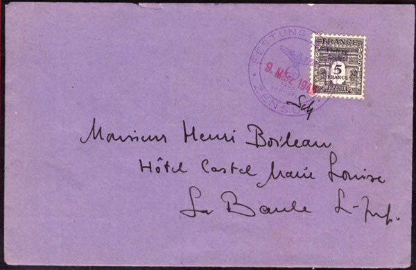 Timbre Arc de Triomphe surchargé festung Lorient sur lettre