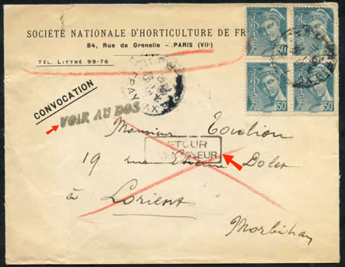 Lettre de Paris pour Lorient avec griffe "NON ACHEMINABLE