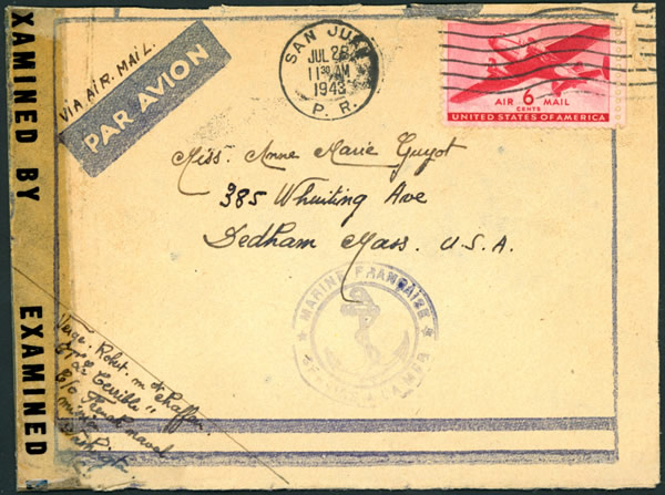 Lettre française par avion de Porto Rico d'un matelot du "Terrible" pour le Massachussets