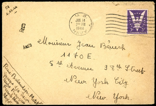 Lettre française de Neorfolk pour New-York oblitérée US Navy