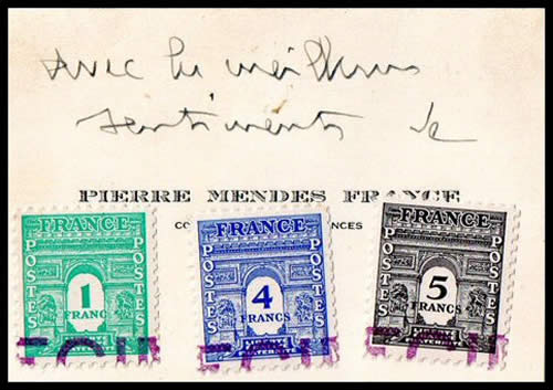 Timbre Specimen Arc de triomphe sur carte de visite de Pierre mendès-France