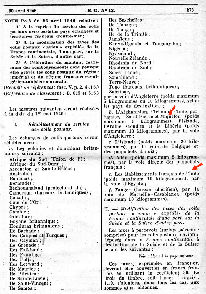 Colis Postaux avril 1946