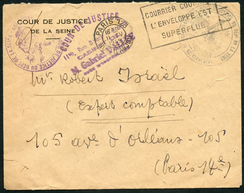 Lettre de la Cour de Justice de la Seine en franchise