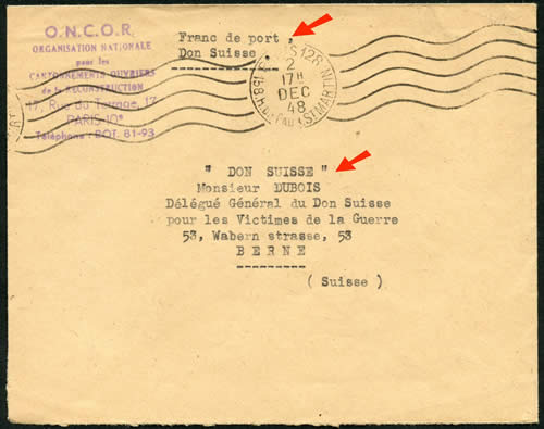 Lettre en franchise pour le don Suisse