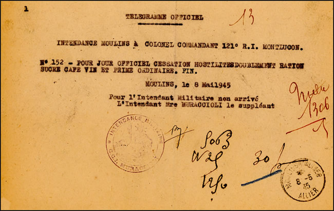 Télégramme officiel attribuant double ration aux militaires le 8 mai 1945