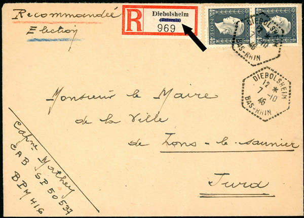 Lettre recommandée pour les élections législatives de 1946 avec étiquette allemande 7/10/46