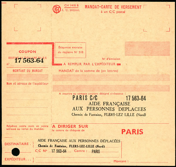 Mandat -carte pour venir en aide aux personnes déplacées