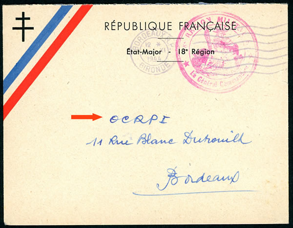 Lettre militaire pour l'OCRPI à la Libération