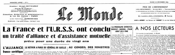 La Une du Monde lors de la signature du pacte franco-sovietique