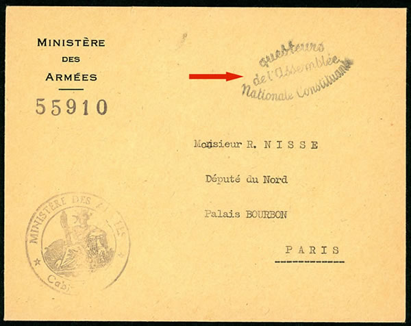 Lettre avec griffe des Questeurs de l'Assemblée Constituante