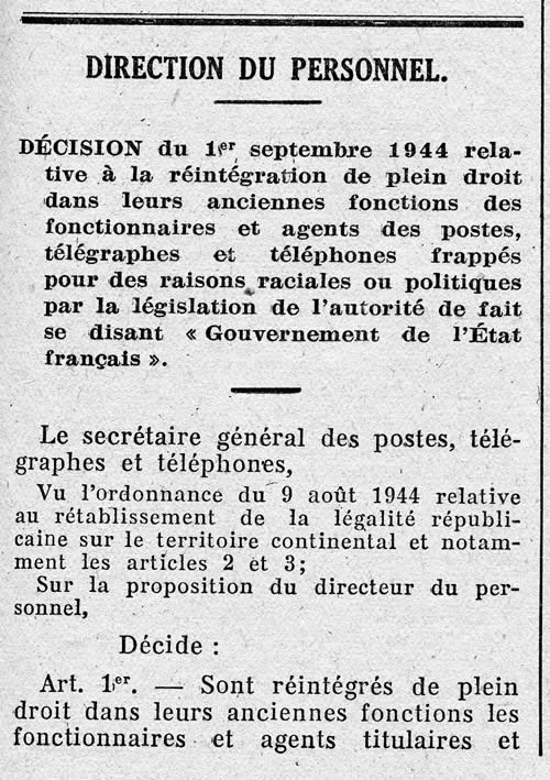 Réintégration de certains personnels