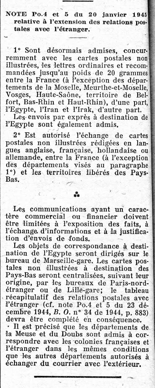 Relations postales avec l'étranger 20/1/45