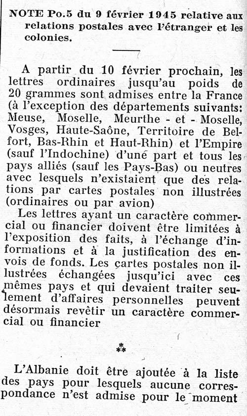 Relations postales avec l'étranger 9/2/45