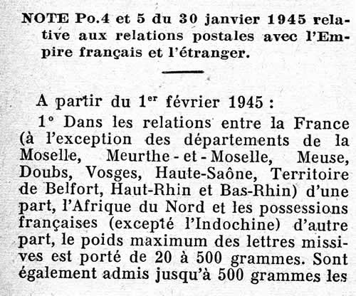 Relations postales avec l'étranger 30/1/45