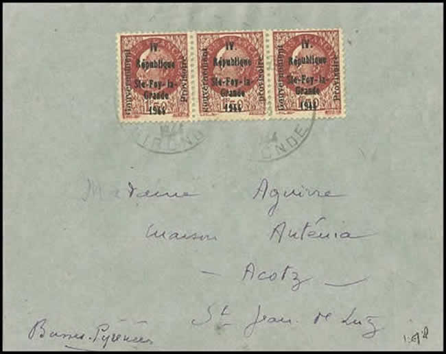 Timbres surchargés à Ste Foy la Grande sur lettre