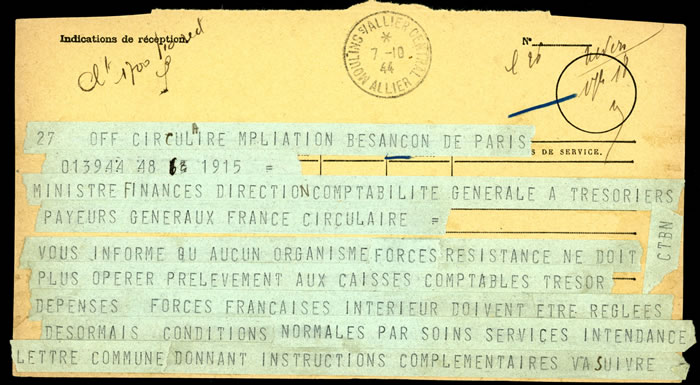 télégramme officiel cessation paiement à la Résistance