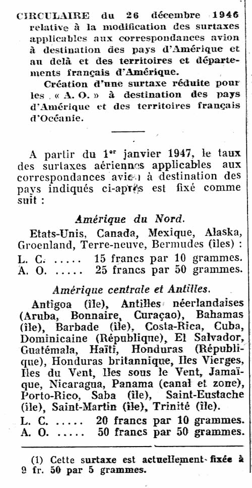 Tarif Poste zaérienne 12 1946