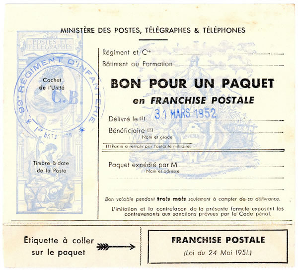 Bon pour un paquet en franchise militaire type 1
