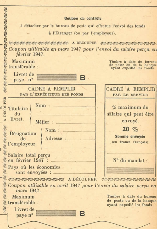 Coupon de transfert de salaire des immigrés