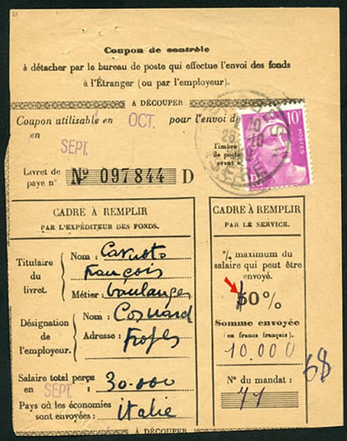 Coupon de transfert d'ule partie du salaire vers l'Italie