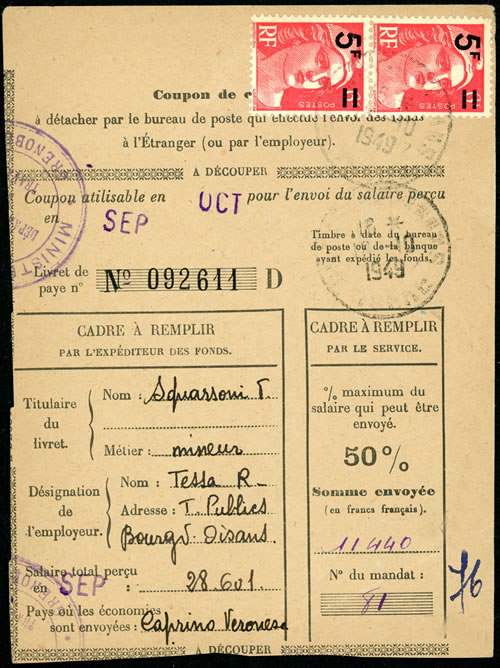 Coupon de transfert de salaire trouvriers italiens montant maximum imprimé 50%