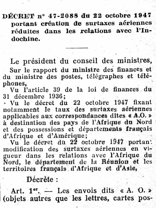 surtaxes aériennes pour l'Indochine