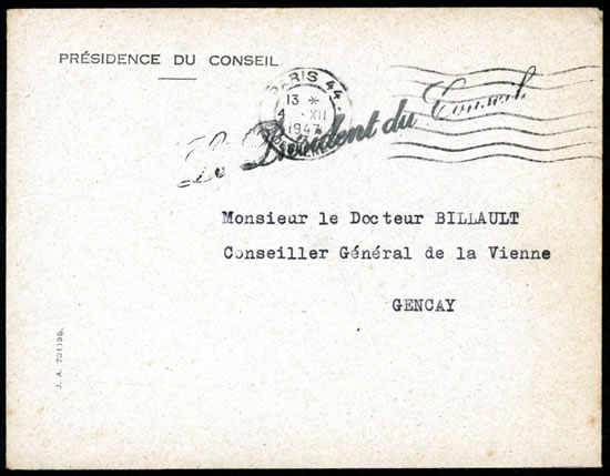 Lettre ne franchise du Président du Conseil décembre 1947