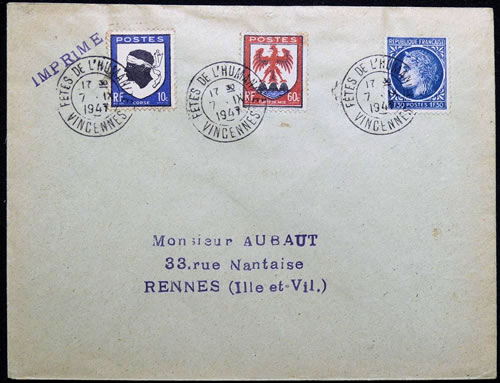 Timbre-à-date manuel Fêtes de l'Humanité 1947