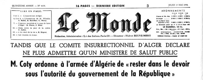 Message du Pdt Coty à l'armée mai 1958