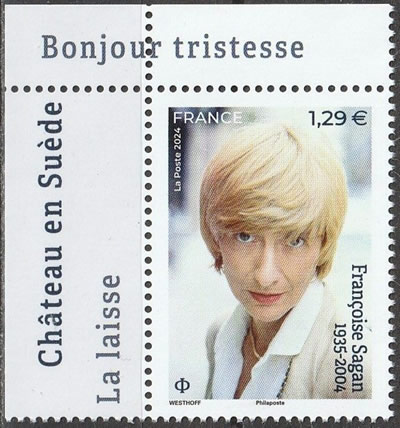 Timbre Françoise Sagan avec bord de feuille Bonjour Tristesse