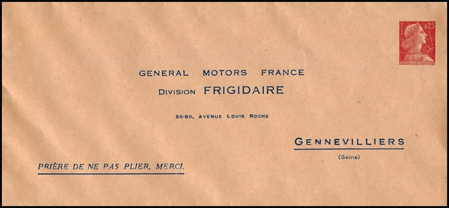 Entier postal timbré sur commande des refrigérateurs FRIGIDAIRE