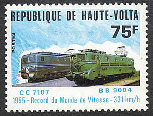 Timbre de Hte Volta représentant les locomotrices championnes du monde de vitesse