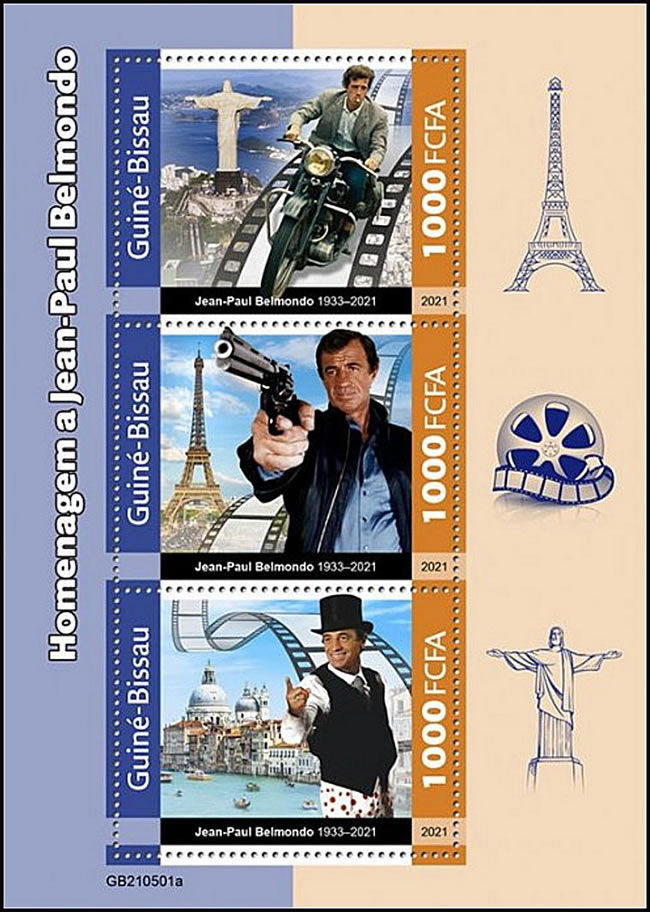 Bloc de Guiné-Bissau avec trois timbres consacrés à JP Belmondo