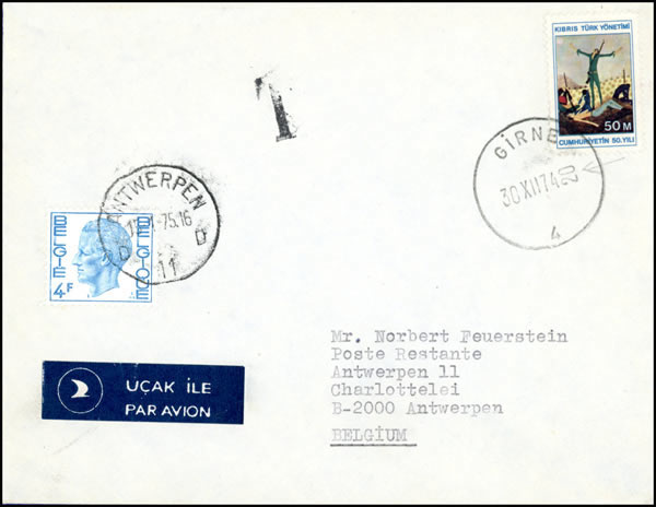 Lettre de la partie turque de Chypre pour la Belgique avec taxe de poste restante