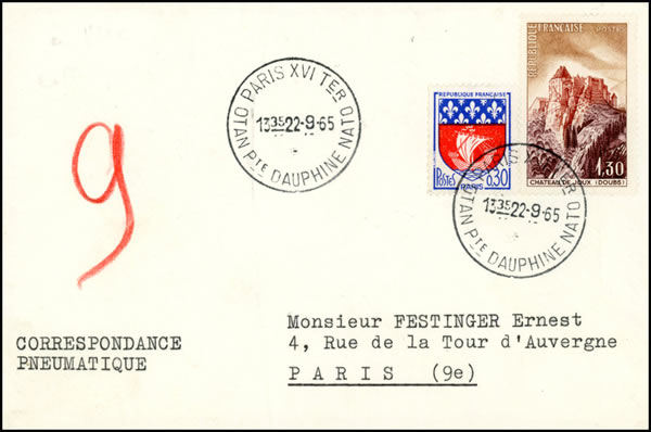 Pneumatique envoyé depuis le bureau de l'OTAN à Paris