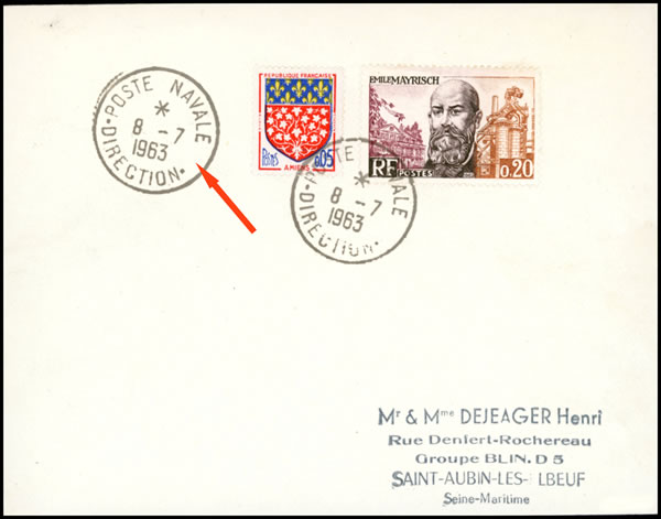 Cachet Poste Navale direction lettres AF grattées