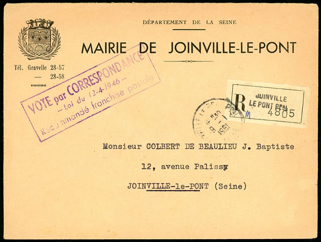 Lettre recommandée en franchise Referendum 1961