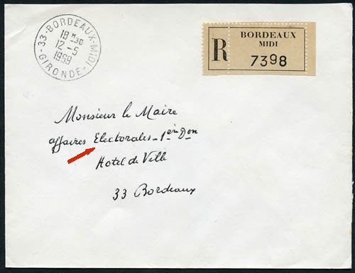 Lettre recommandée d'office relative à l'élection présidentielle 1969