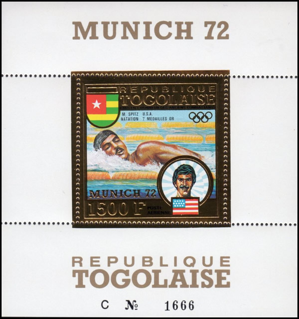 Timbre du Togo consacré à Mark Spitz vainqueur de 7 médailles d'or à Munich