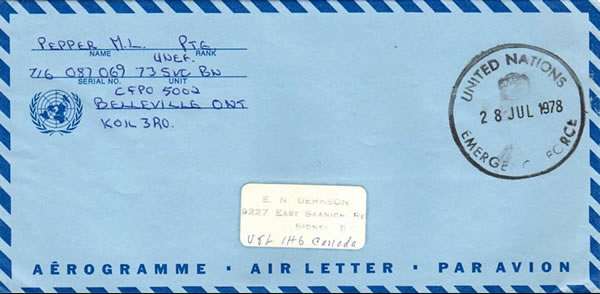 aérogramme UNEF utilisé par soldat canadien