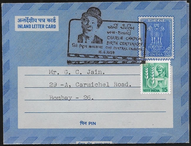 Aérogramme indien avec oblitération Charlie Chaplin