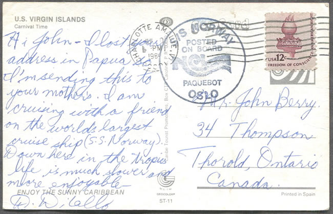 Carte postale postée à bord du paquebot Norway