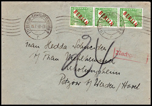 Lettre interprovince de Berlin-Ouest pour la zone soviétique  taxée à l'arrivée