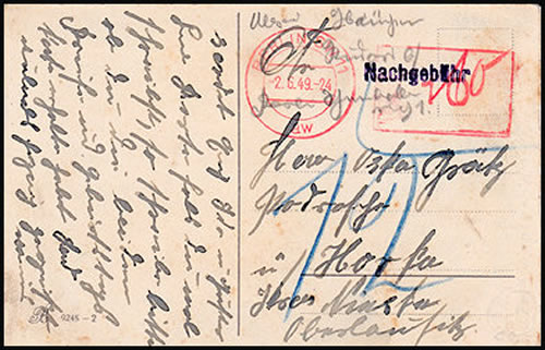 carte postale pour la zone soviétique avec EMA refusée  et taxée à l'arrivée